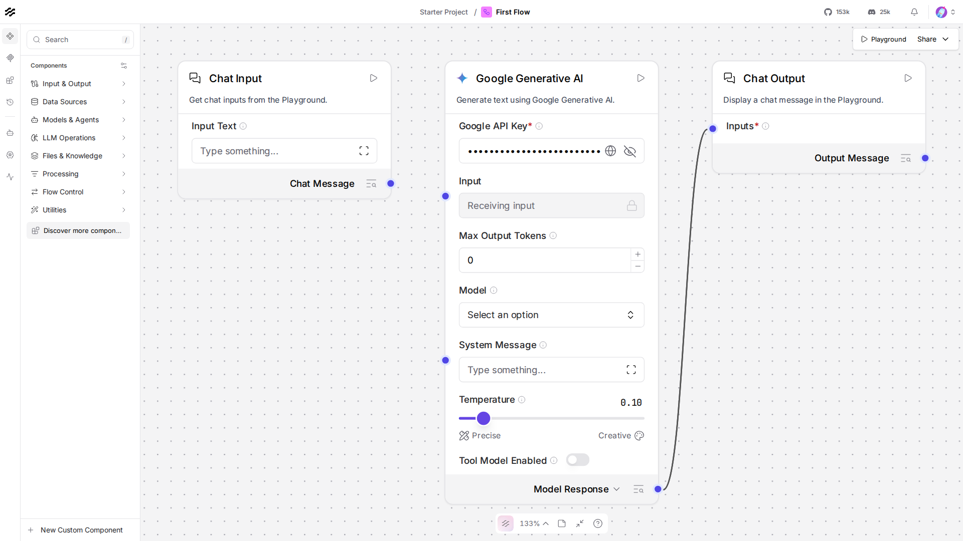 Langflow canvas showing Chat Input connected to Google Generative AI connected to Chat Output